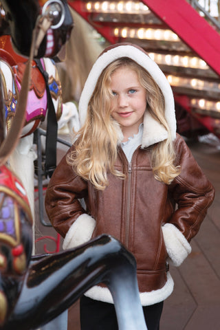 Children’s Brown Aviator Sheepskin Jacket with Hood unisex