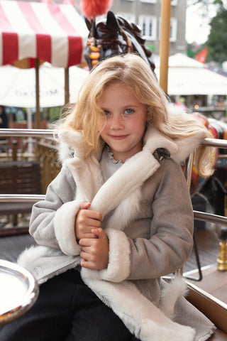 Cream & Grey Sheepskin Jacket for Girls – Knee-Length
