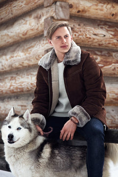 Mens brown aviator sheepskin coat