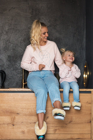 The original Sheepers women and child matching slippers